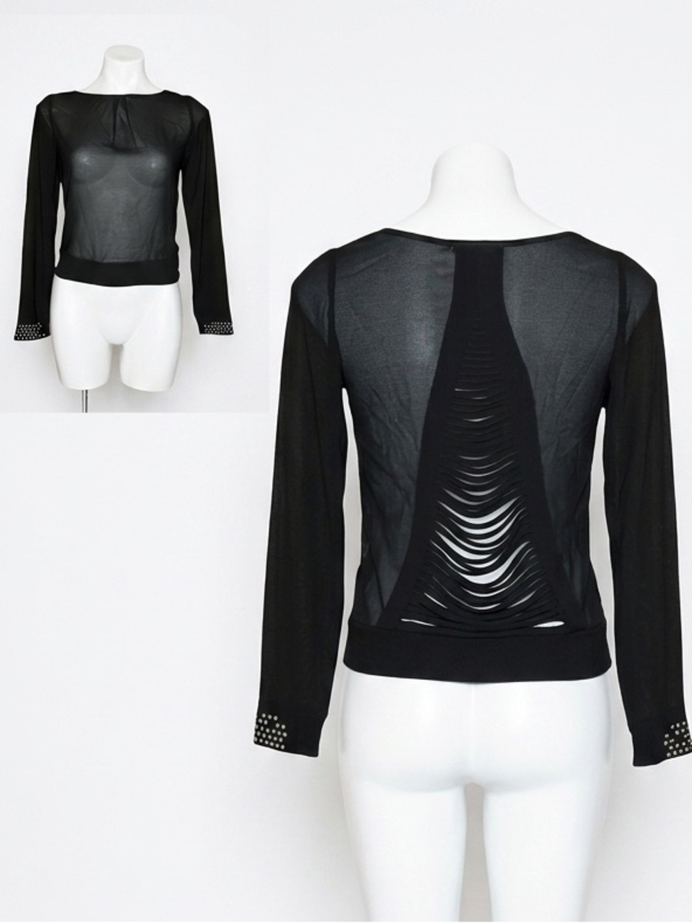 Do Be Black Sheer Mesh Long Sleeve Slashed Shredded Back Studded Cuff Top Small
